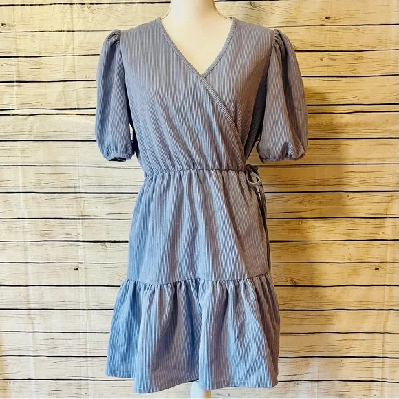 & Other Stories Organic Blend Cotton Jersey Wrap Tiered Mini Dress in Dusty  Blue